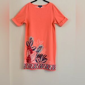 Karen Scott Coral Midi Dress with Tropical Leaf Border Size L